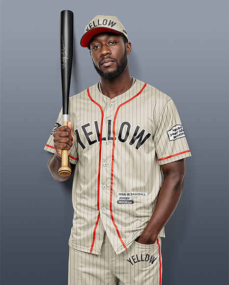 Afro-American Baseball Player Wearing a Jersey and Cap Holding a Bat Mockup