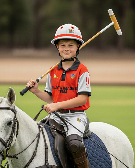 Boy Wearing Full Polo Kit on Horse Mockup