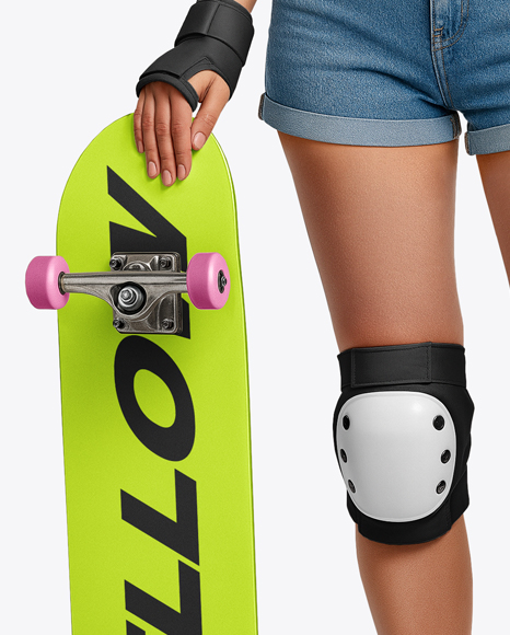 Young Woman in Protective Gear with Skateboard Mockup