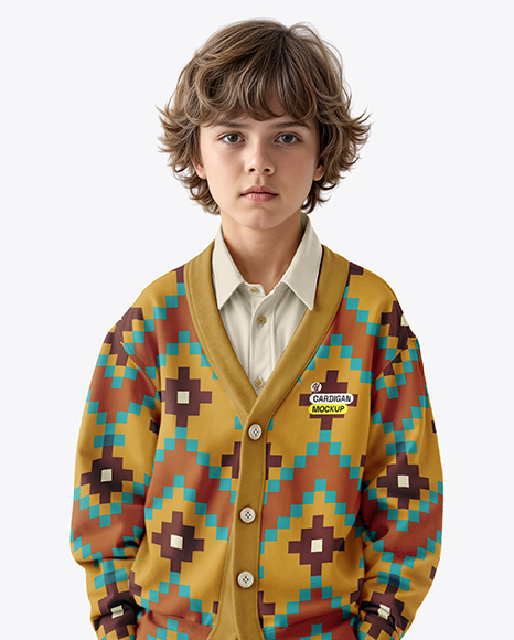 Young Boy Wearing Cardigan and Shirt Mockup
