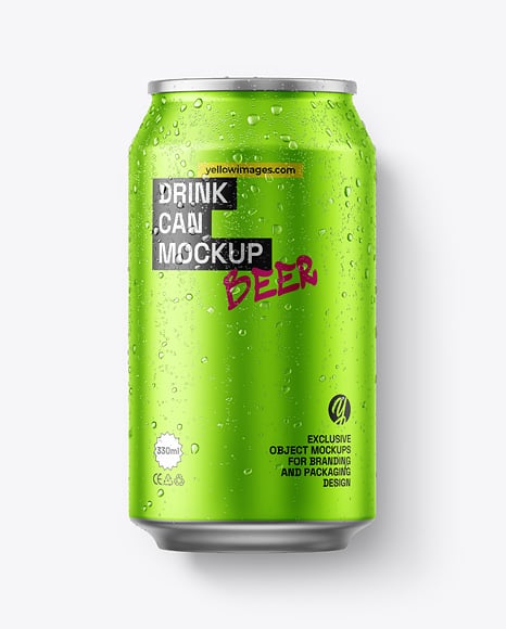 330ml Matte Metallic Can with Water Drops Mockup