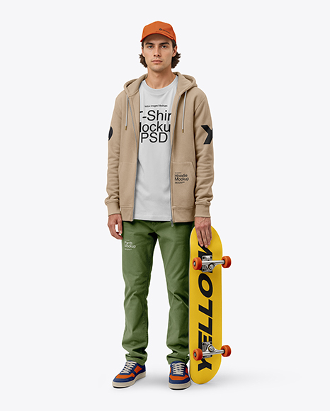 Young Man Wearing Hoodie and Holding Skateboard Mockup