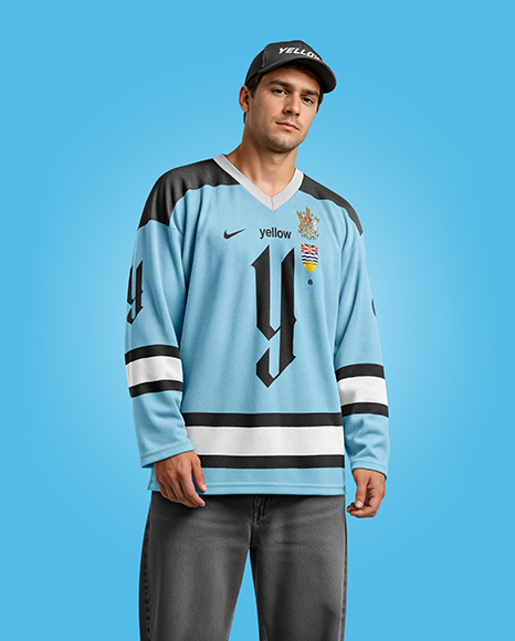 Man Wearing Ice Hockey Jersey and Cap Mockup