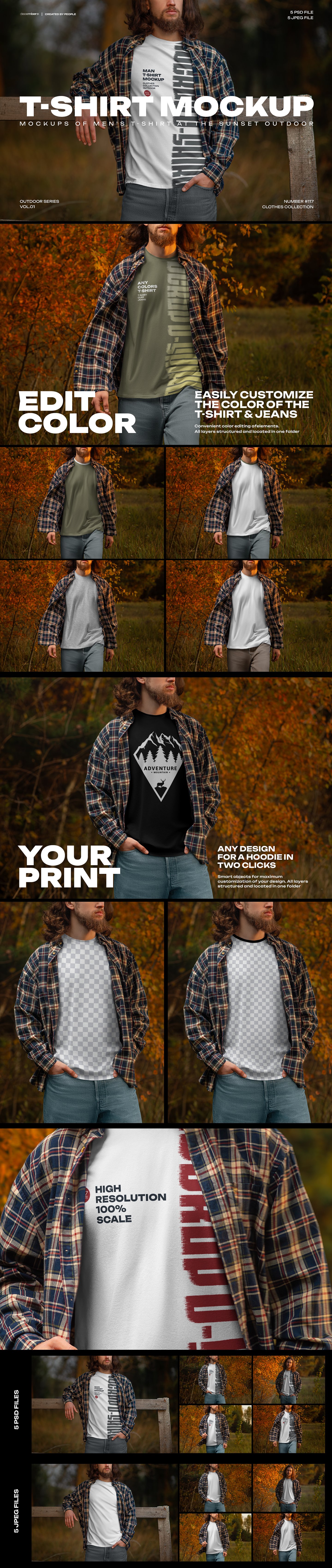 5 Mockups of Men&#039;s T-Shirt at the Sunset Outdoor