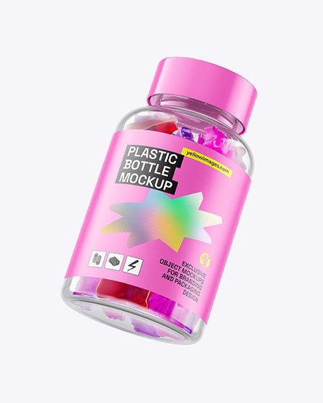 Plastic Bottle with Flying Gummies Mockup