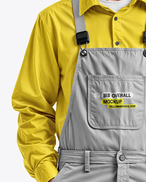 Builder Wearing Bib Overalls and Shirt Mockup