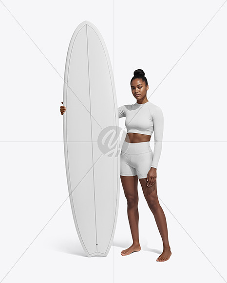Woman Wearing Long Sleeve Rashguard and Shorts Holding Surfboard Mockup