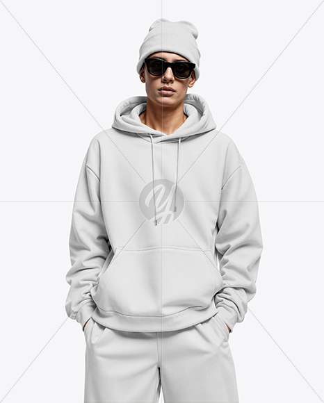 Young Man Wearing Oversize Hoodie and Beanie Hat Mockup
