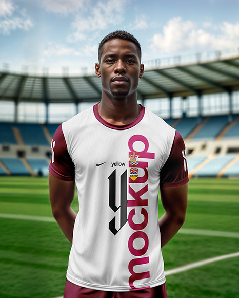 Soccer Player Wearing a Crew Neck Jersey and Shorts at the Stadium Mockup