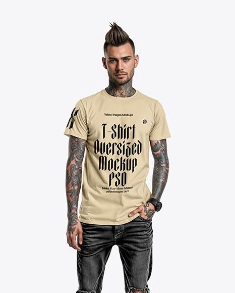 Man with Tattoos Wearing T-Shirt and Jeans Mockup - Jeans mockup