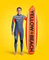 Surfer Wearing Wetsuit with Shortboard Mockup