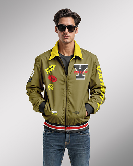 Young Man Wearing Harrington Jacket and Jeans Mockup