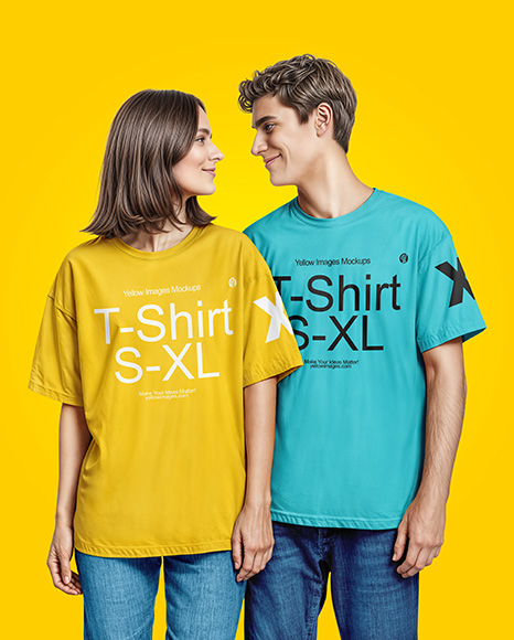Young Couple Wearing Oversized T-shirts and Jeans Mockup