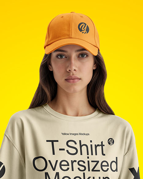 Young Woman Wearing T-Shirt and Baseball Cap Mockup