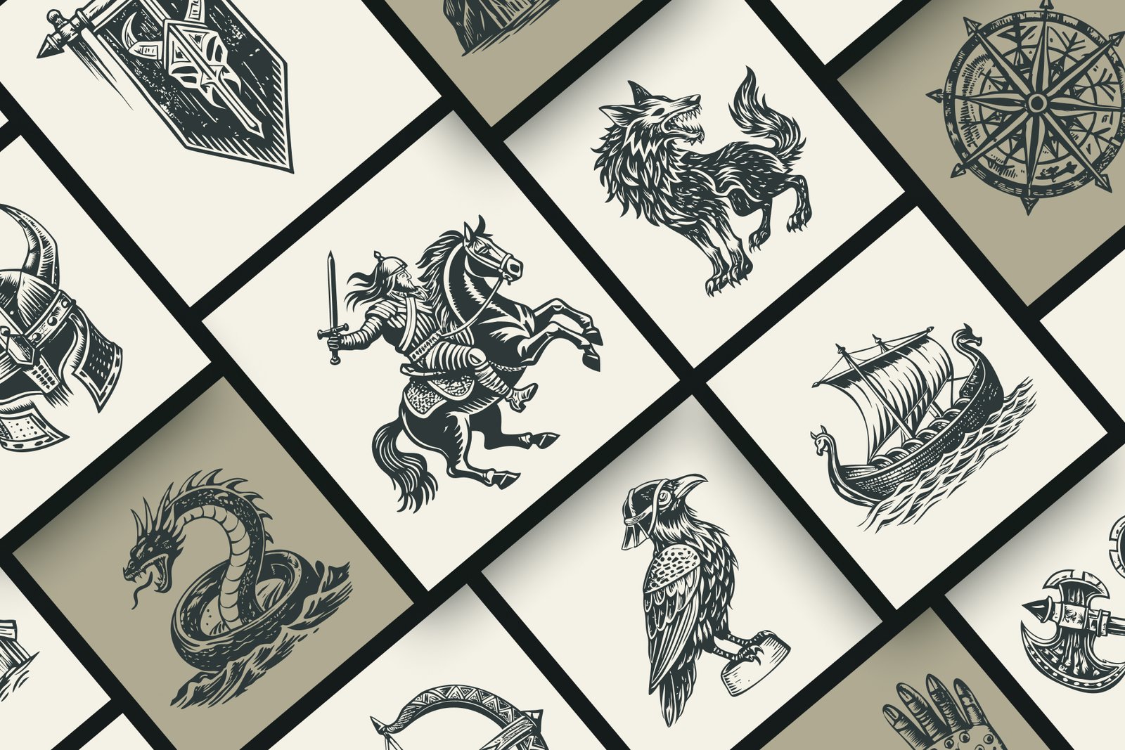 Vintage Viking Art Icon Set