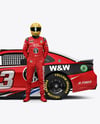 Man Wearing Racing Kit with Nascar Car Mockup