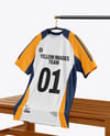 Training Jersey on Hanger Over Wooden Bench Mockup
