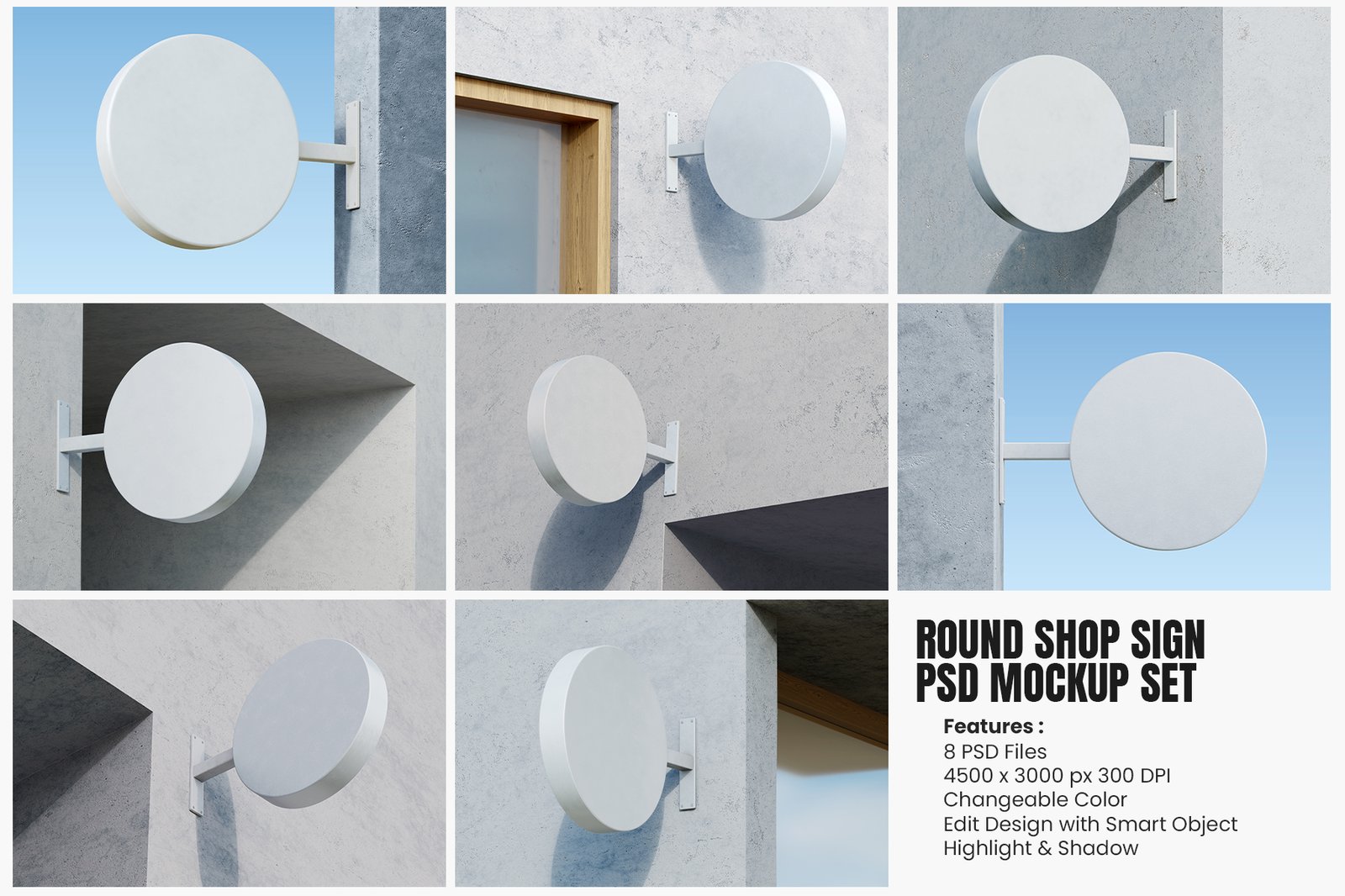 Round Shop Sign Wall Mounted PSD Mockup Set