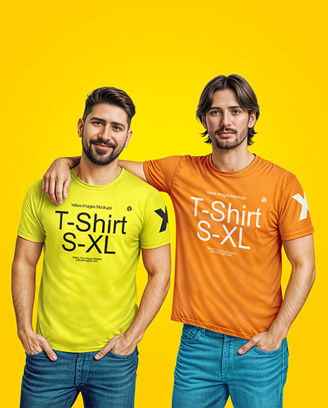 Two Young Men Wearing T-shirts and Jeans Mockup