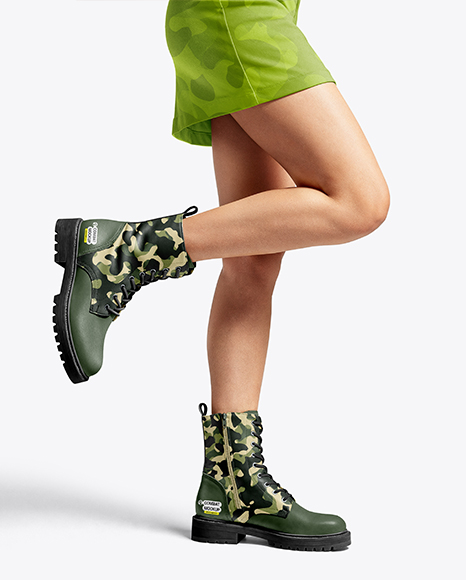 Combat Boots on Women's Legs with Skirt Mockup - Shoe mockups
