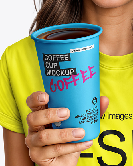 Woman Wearing a T-shirt Holding 16oz Paper Cup Mockup