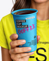 Woman Wearing a T-shirt Holding 16oz Paper Cup Mockup