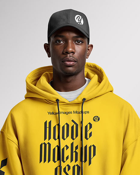 Black Man Wearing Hoodie and Baseball Cap Mockup
