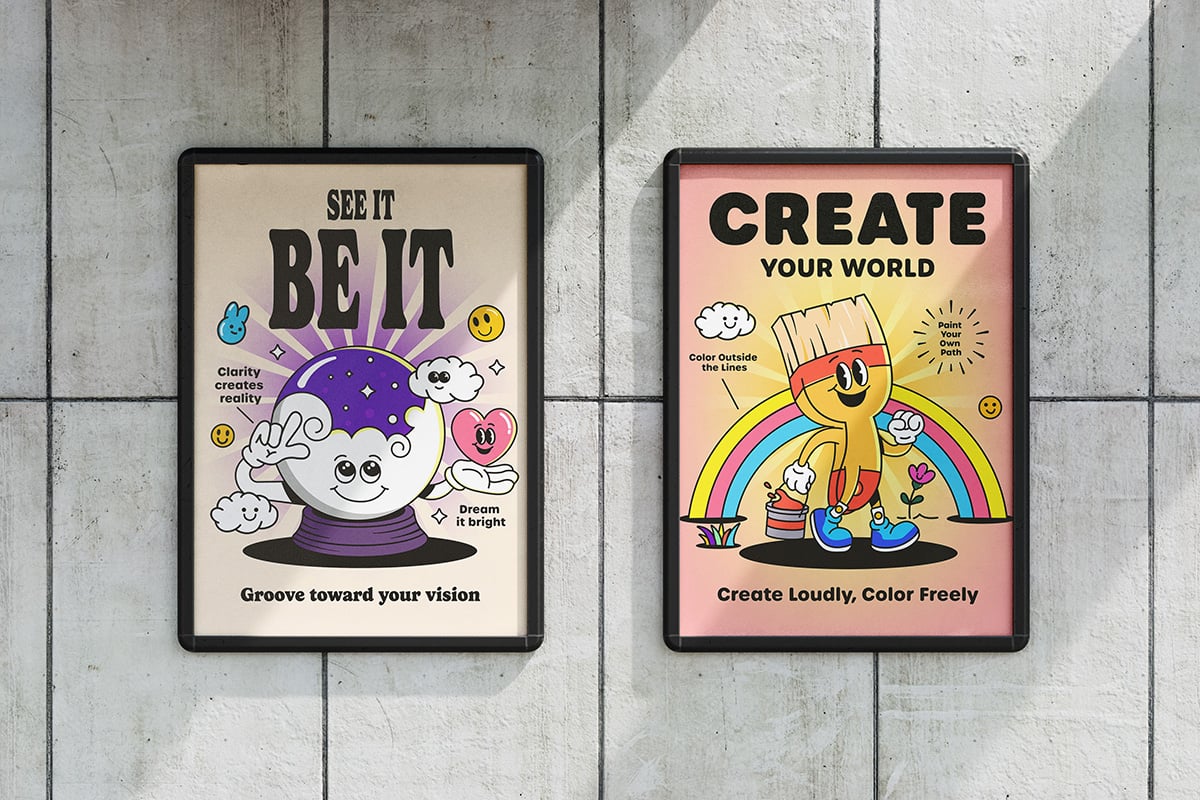 Groovy Nature Wisdoms – 20 Motivational Posters in Retro Cartoon Style (Vector Pack)