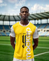Soccer Player Wearing a Crew Neck Jersey and Shorts at the Stadium Mockup