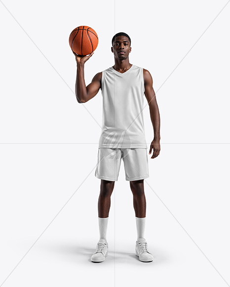 Basketball Player Wearing a V-Neck Jersey and Shorts Holding a Basketball Mockup