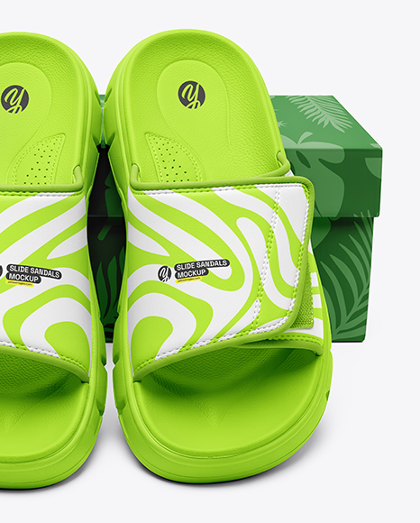 Pair of Velcro Slide Sandals With Box Mockup