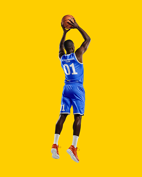 Basketball Player Wearing Jersey and Shorts Throwing Basketball Mockup
