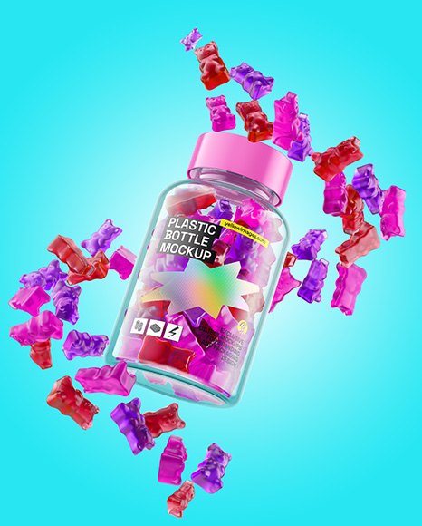 Plastic Bottle with Flying Gummies Mockup