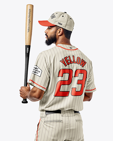 Afro-American Baseball Player Wearing a Jersey and Cap Holding a Bat Mockup - Mens+Baseball+Jersey+Mockup+HalfsideView+Download+...
