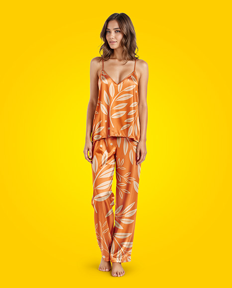 Woman Wearing Pajamas with Pants and Sleeveless Blouse Mockup