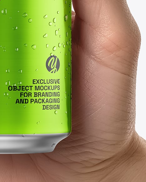 330ml Aluminium Can with Drops in the Hand Mockup