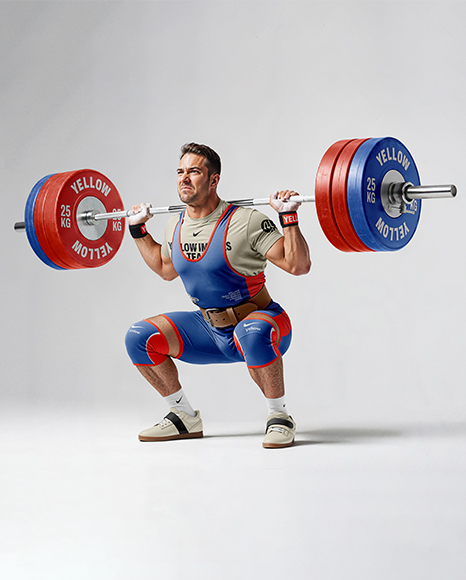 Man Wearing Weightlifting Suit with Barbell Mockup