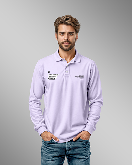 Man Wearing Long-Sleeve Polo Shirt and Jeans Mockup