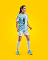 Woman Wearing Soccer Jersey and Shorts Mockup