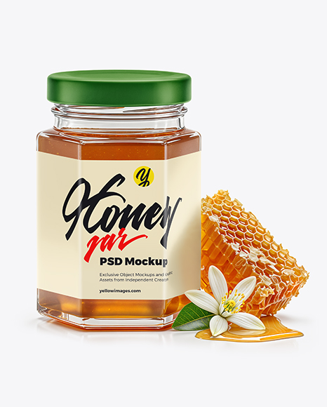 Hexagonal Glass Jar with Orange Blossom Honey Mockup - Honey+Jar+Mockup+In+Packaging+Mockups+On+Yellow+Images+Creative