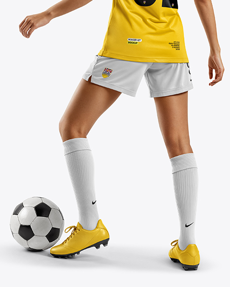 Female Soccer Player Wearing Jersey and Shorts Mockup
