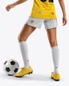 Female Soccer Player Wearing Jersey and Shorts Mockup