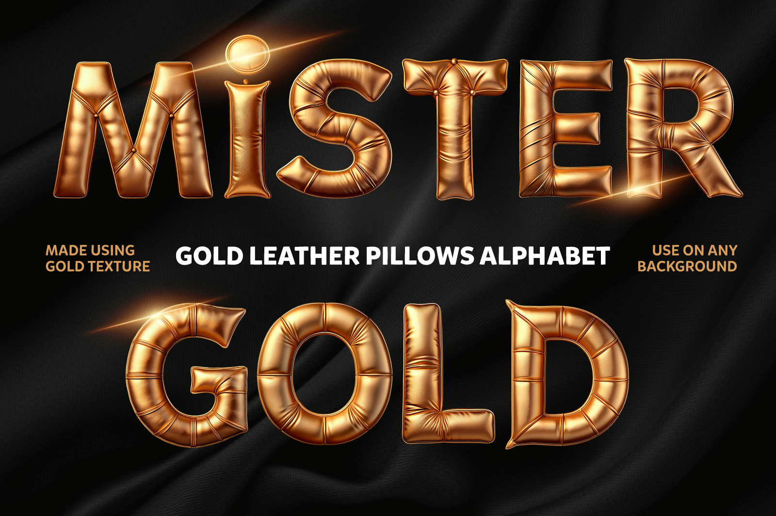 Mister Gold Font: Geometric Gold Pillow Leather Alphabet