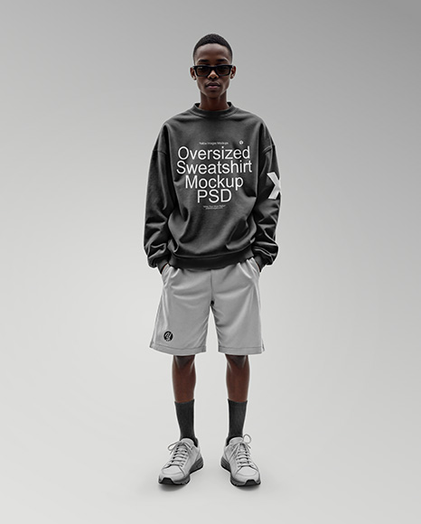 Young Black Man Wearing Oversize Sweatshirt and Shorts Mockup
