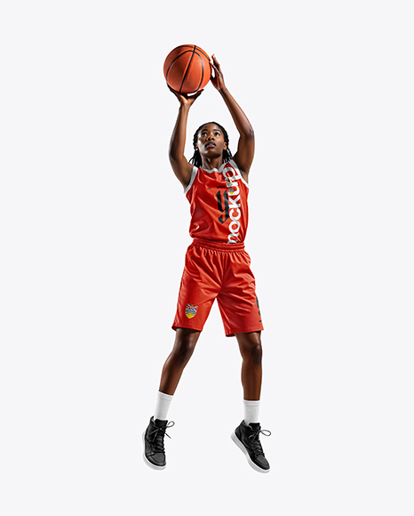 Woman Wearing Full Basketball Uniform and Holding Ball Mockup - Download+Womens+Full+Basketball+Kit+With+V-Neck+Jersey+...