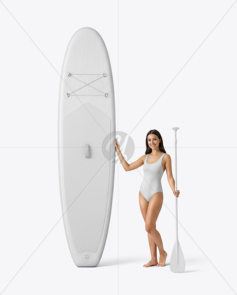 Woman Wearing Swimsuit with SUP Board Mockup