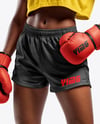 Black Female UFC Fighter Wearing T-Shirt & Shorts Mockup