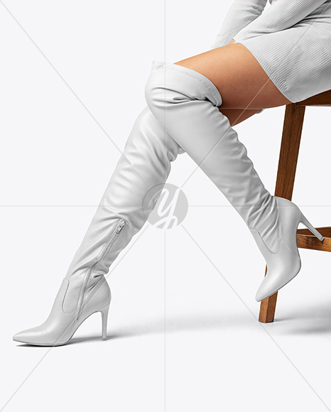 Pair of Over-The-Knee Boots on Women's Legs on Stool Mockup