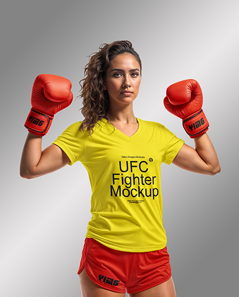 Female UFC Fighter Wearing T-Shirt & Shorts Mockup
