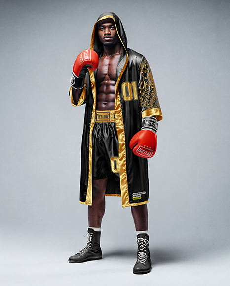 Black Man Wearing Boxing Kit with Robe and Shorts Mockup